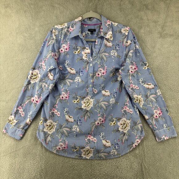 Talbots Top Womens M Blue Floral Popover Button Up Collared Long Sleeves Cottage - Picture 1 of 14